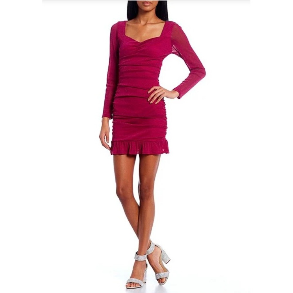 I.N. San Francisco Pink Metallic Ruched Open Back Long Sleeve Mini Dress Small